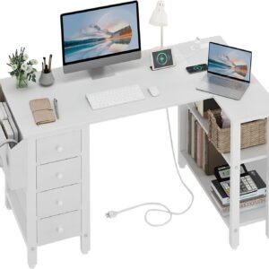 47-Inch White L-Shaped Computer Desk with Drawers