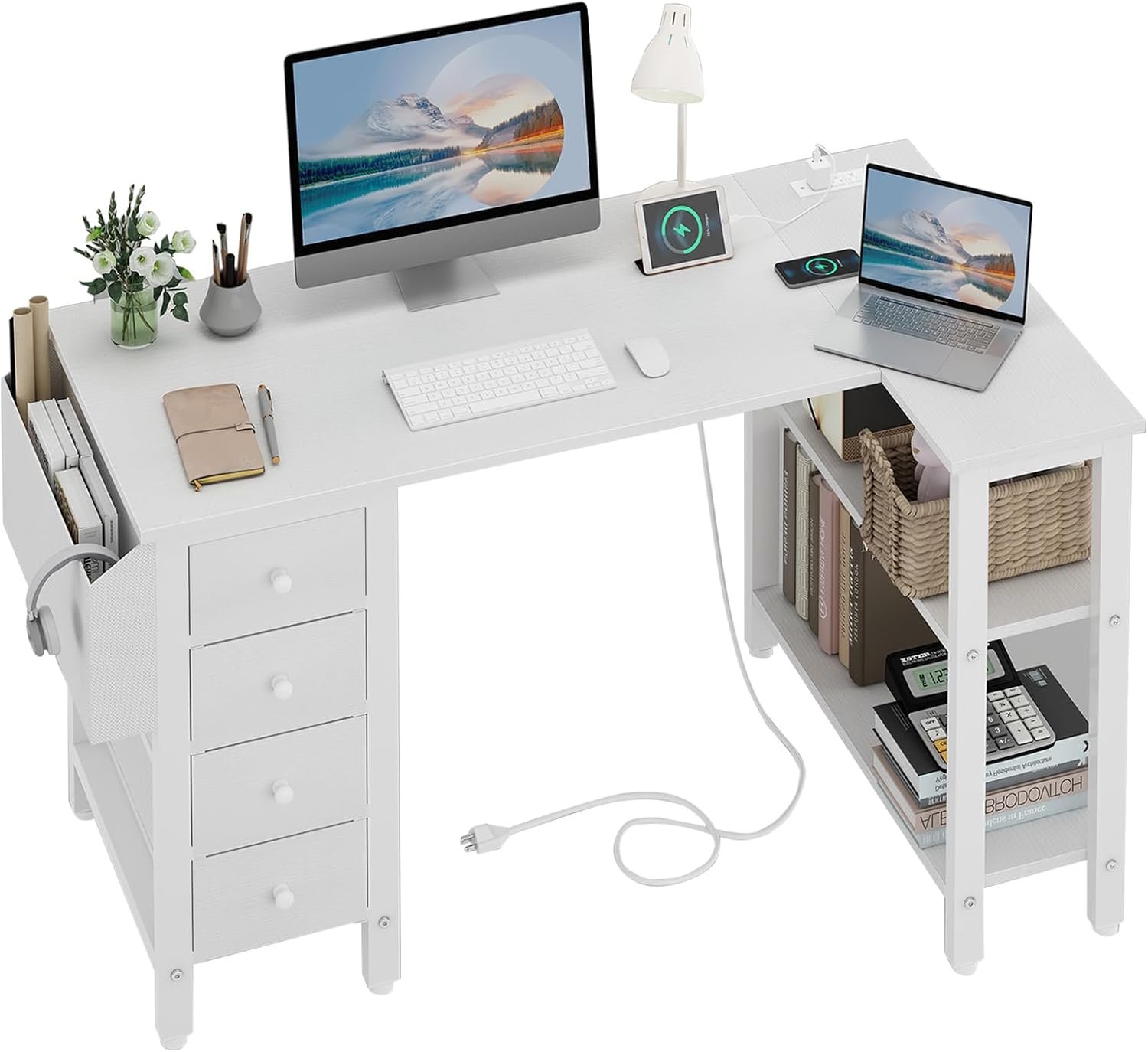 47-Inch White L-Shaped Computer Desk with Drawers