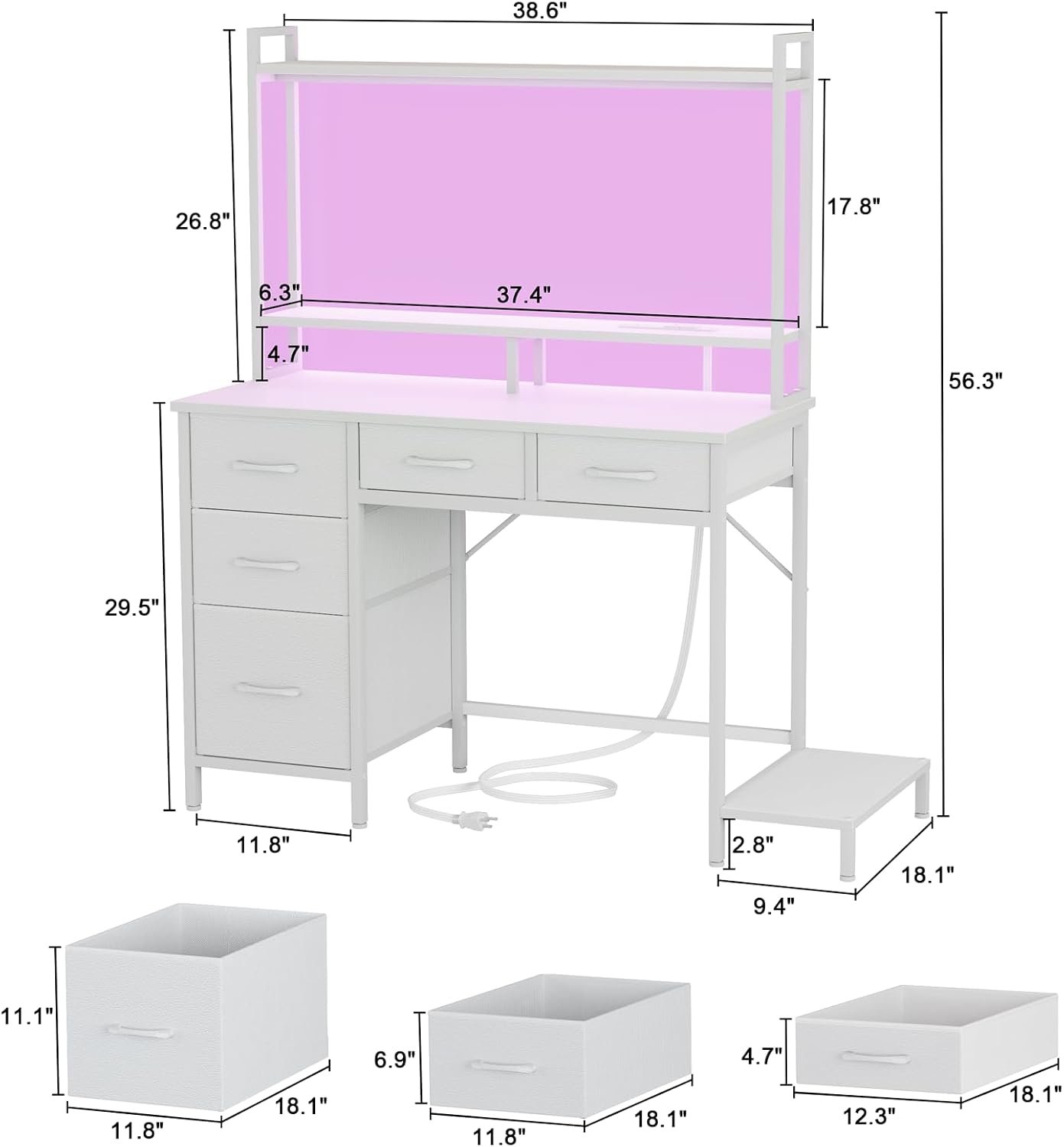 39-Inch Computer Gaming Desk with Hutch Power Outlets LED White - Image 2