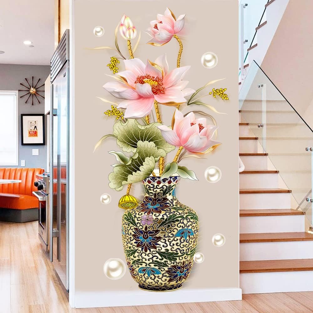 Chinese Style Lotus Flower Vase Wall Sticker Pearl