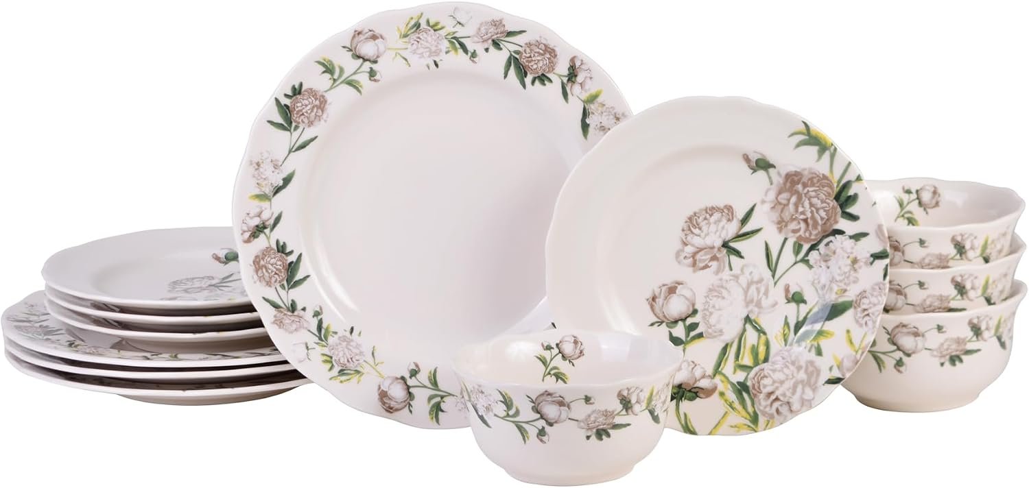 12-Piece Neutral Porcelain Dinnerware Set Glossy Finish