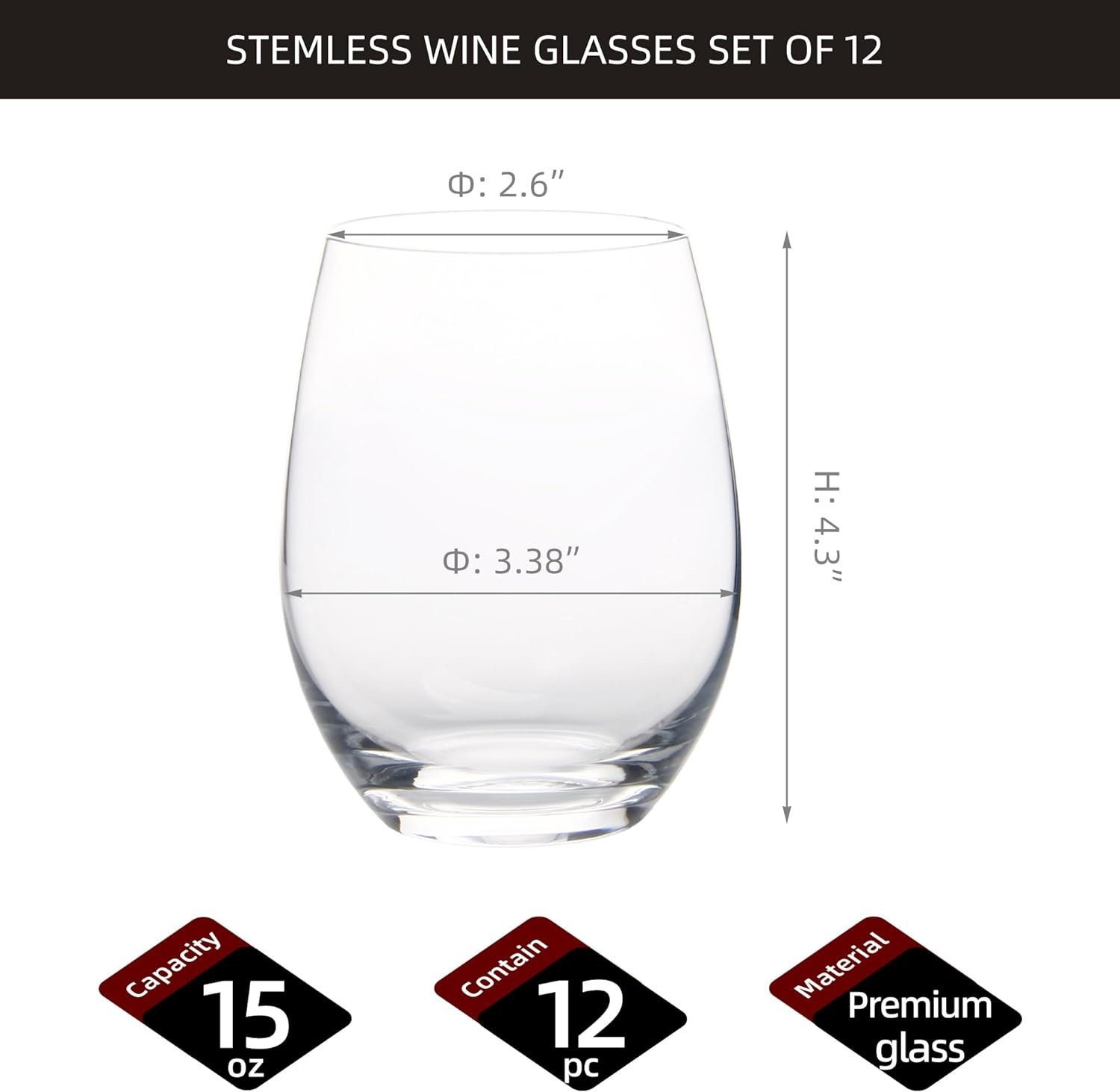 12-Piece 15oz Stemless Wine Glasses Smooth Rim - Image 2