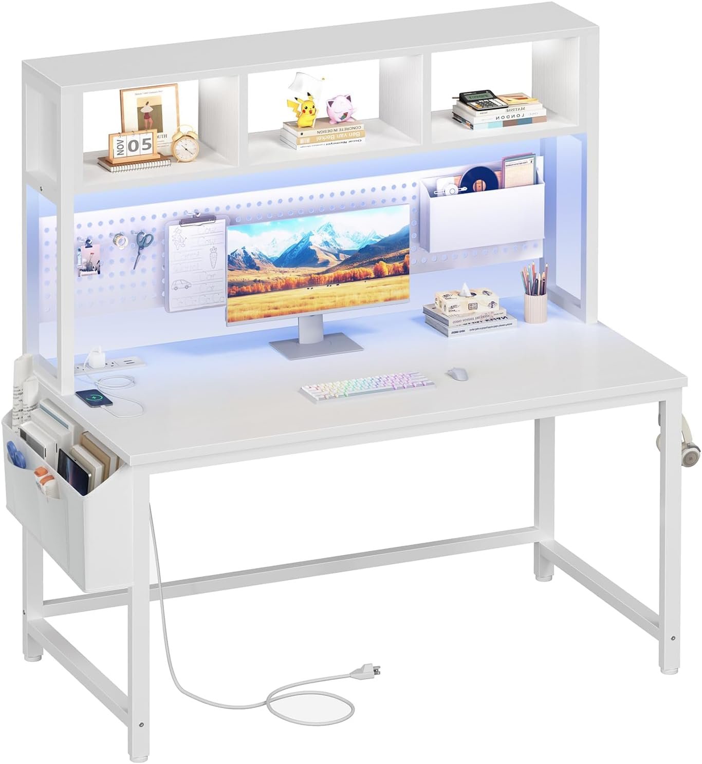 47-Inch White Computer Desk with Hutch and Pegboard