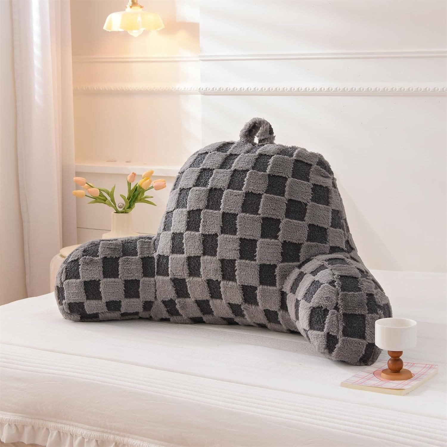 Checkered Reading Pillow Bed Rest Wedge Backrest Dark Grey