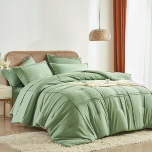 7-Piece Grid Pinch Pleat Sage Green Comforter Set