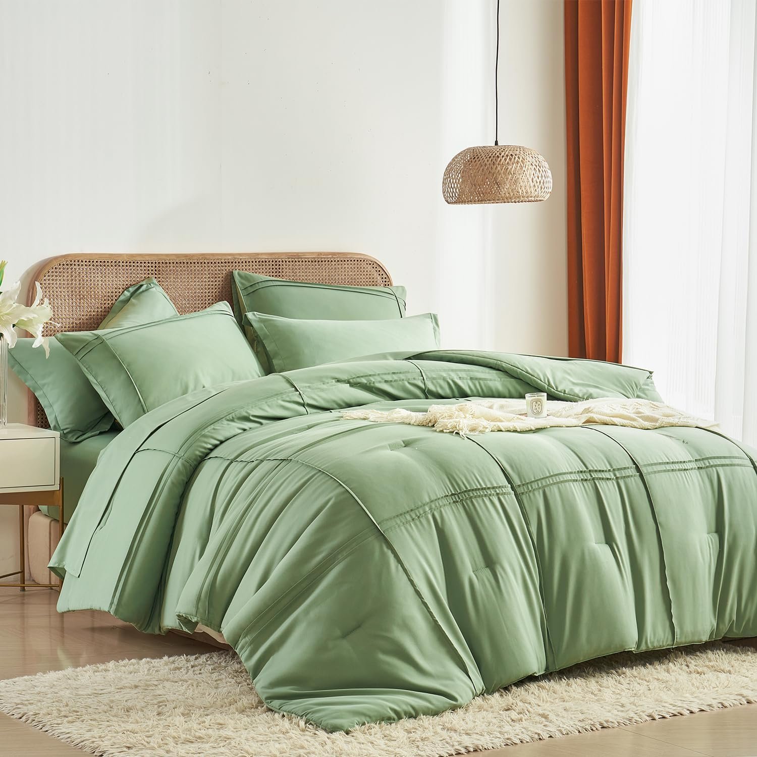 7-Piece Grid Pinch Pleat Sage Green Comforter Set