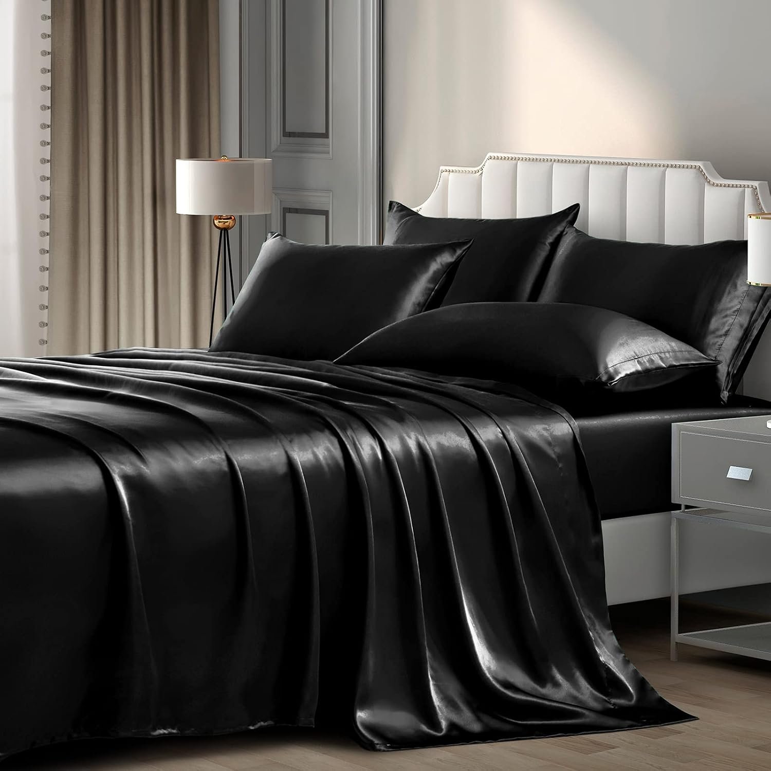 6-Piece Silky Black Satin Sheet Set Deep Pocket - Image 2