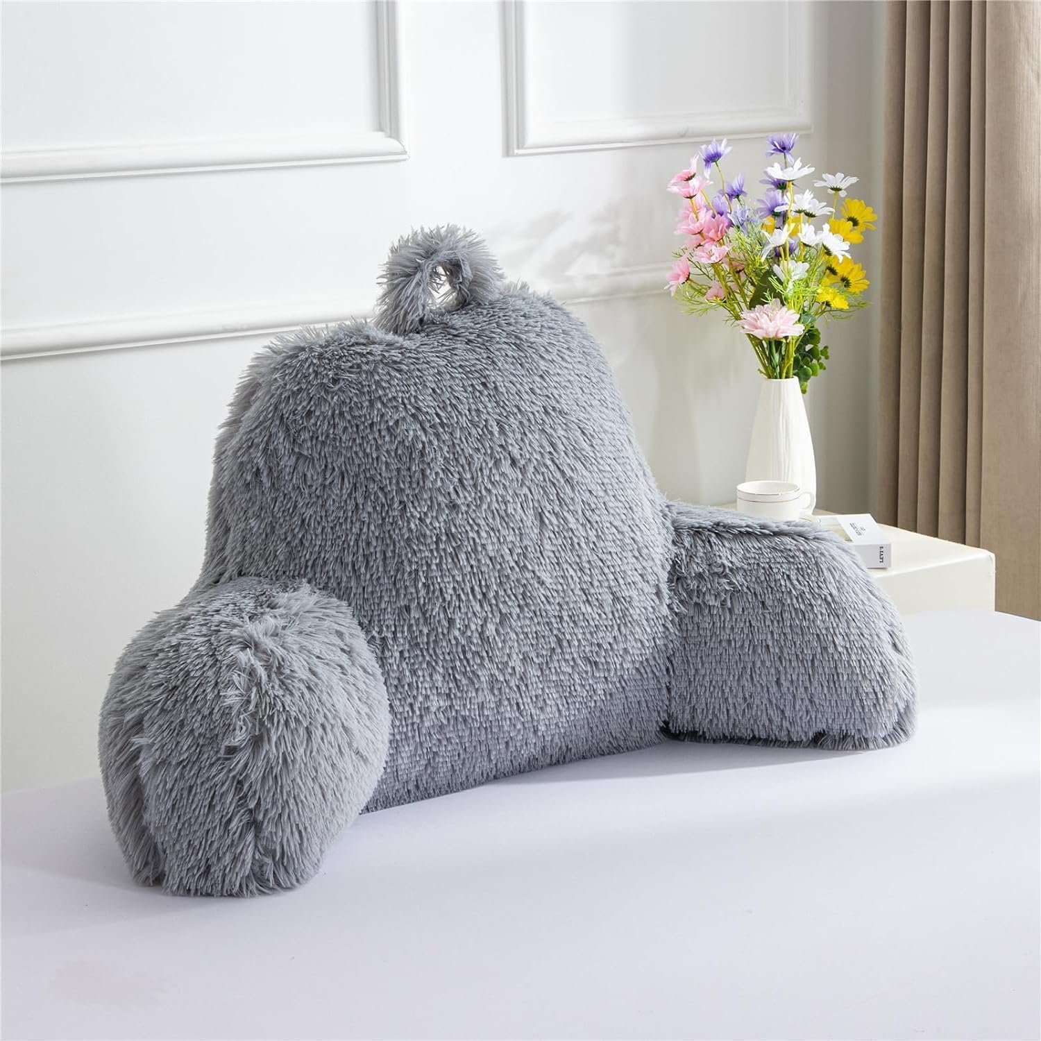 Faux Fur Reading Pillow Bed Wedge Backrest Light Grey - Image 2