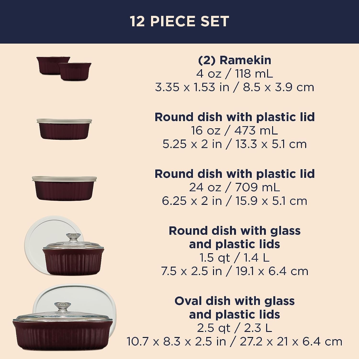 12-Piece Ceramic Bakeware Set with Lids French Cabernet - Image 2