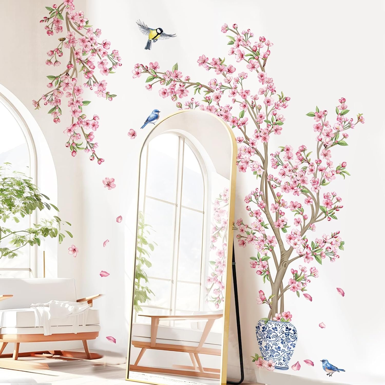 Pink Cherry Blossom Tree Wall Decals Floral Branch Birds
