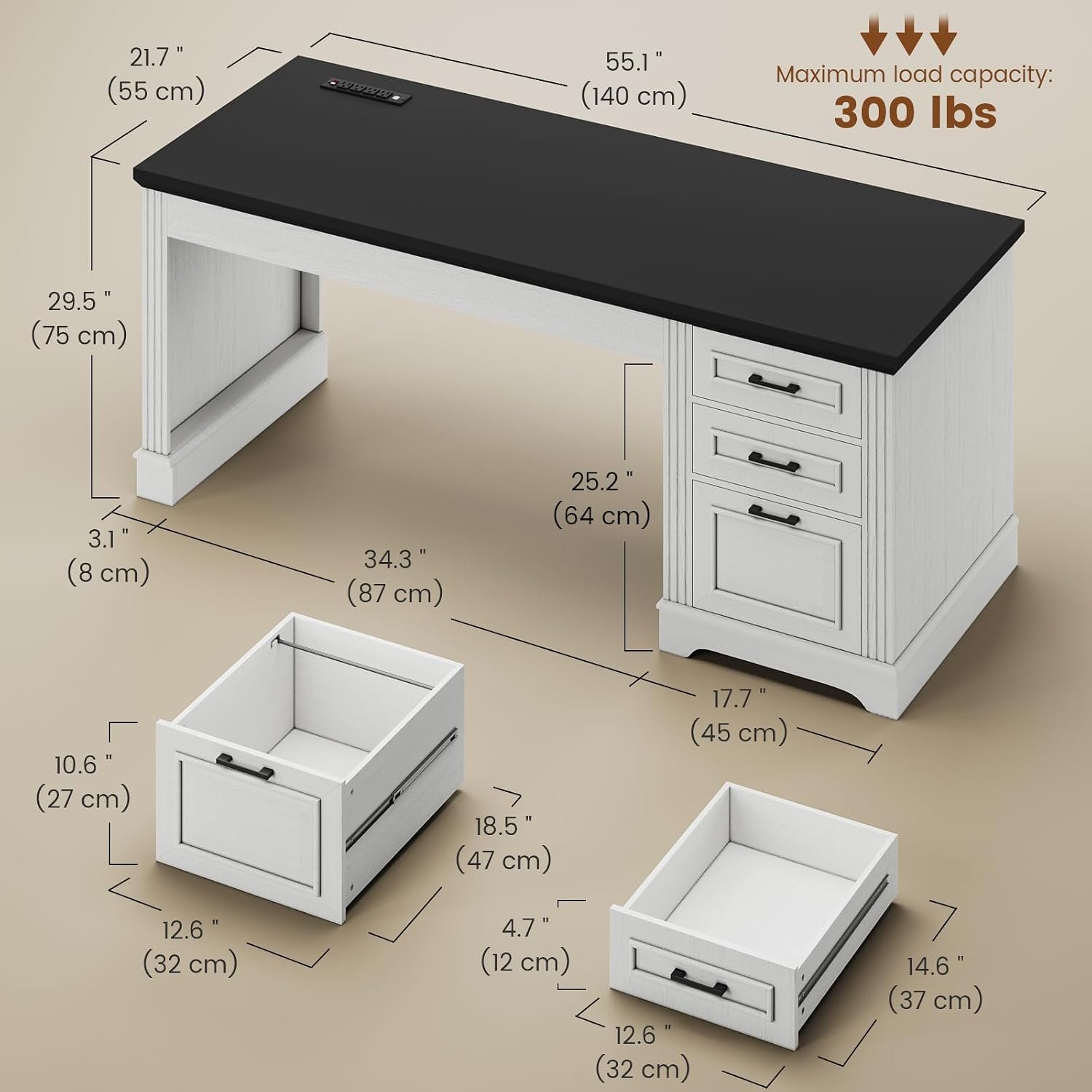 55-Inch Farmhouse Executive Desk with Storage Drawers White - Image 2