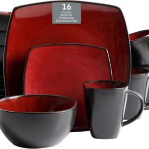 16-Piece Square Red Reactive Glaze Dinnerware Set