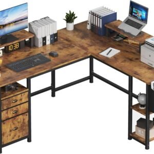 66-Inch L-Shaped Computer Desk with File Drawers Cabinet