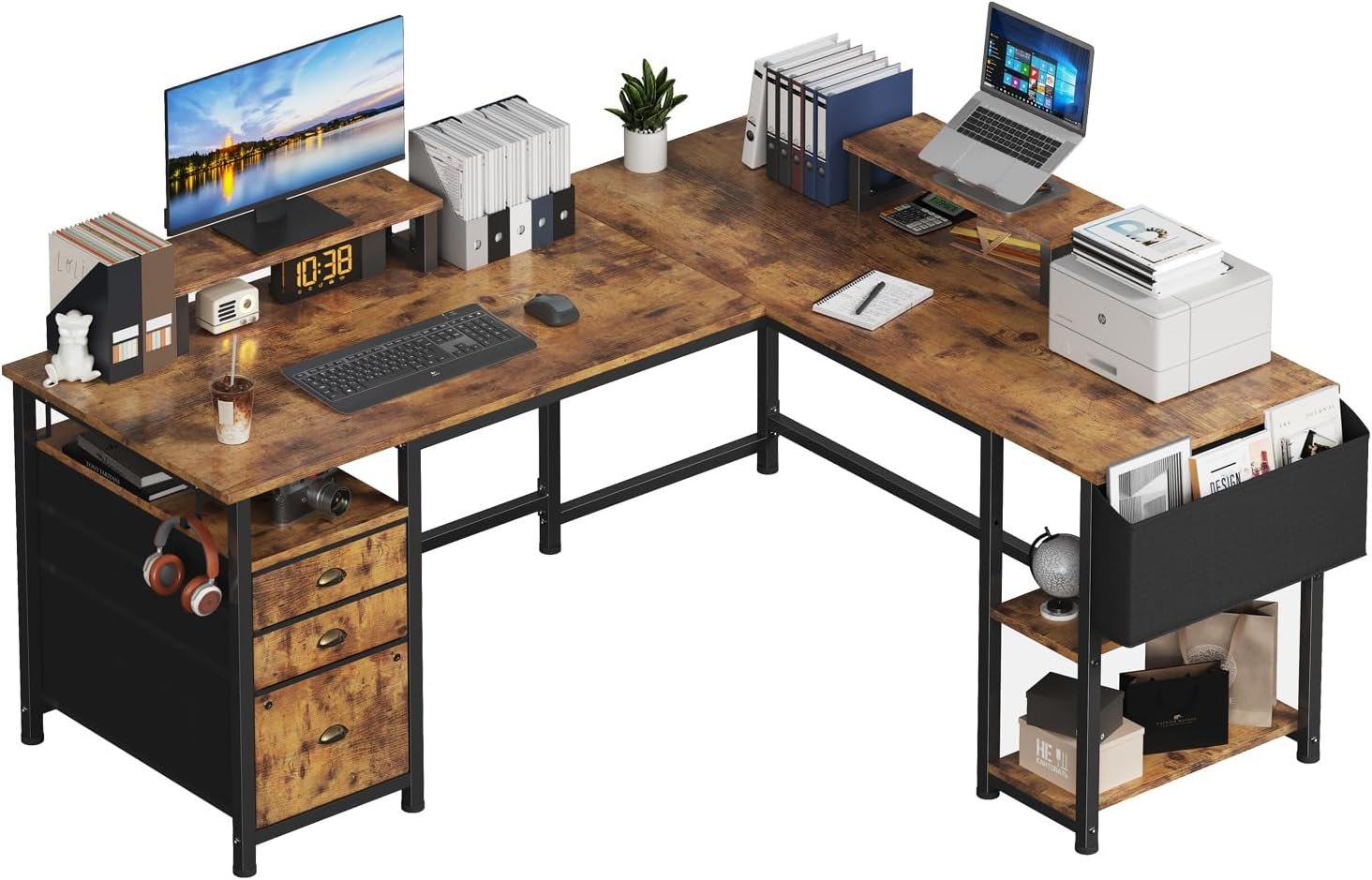 66-Inch L-Shaped Computer Desk with File Drawers Cabinet