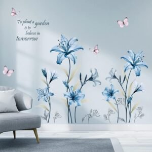 Blue Lily Flower Wall Stickers Floral Butterfly Peel and Stick