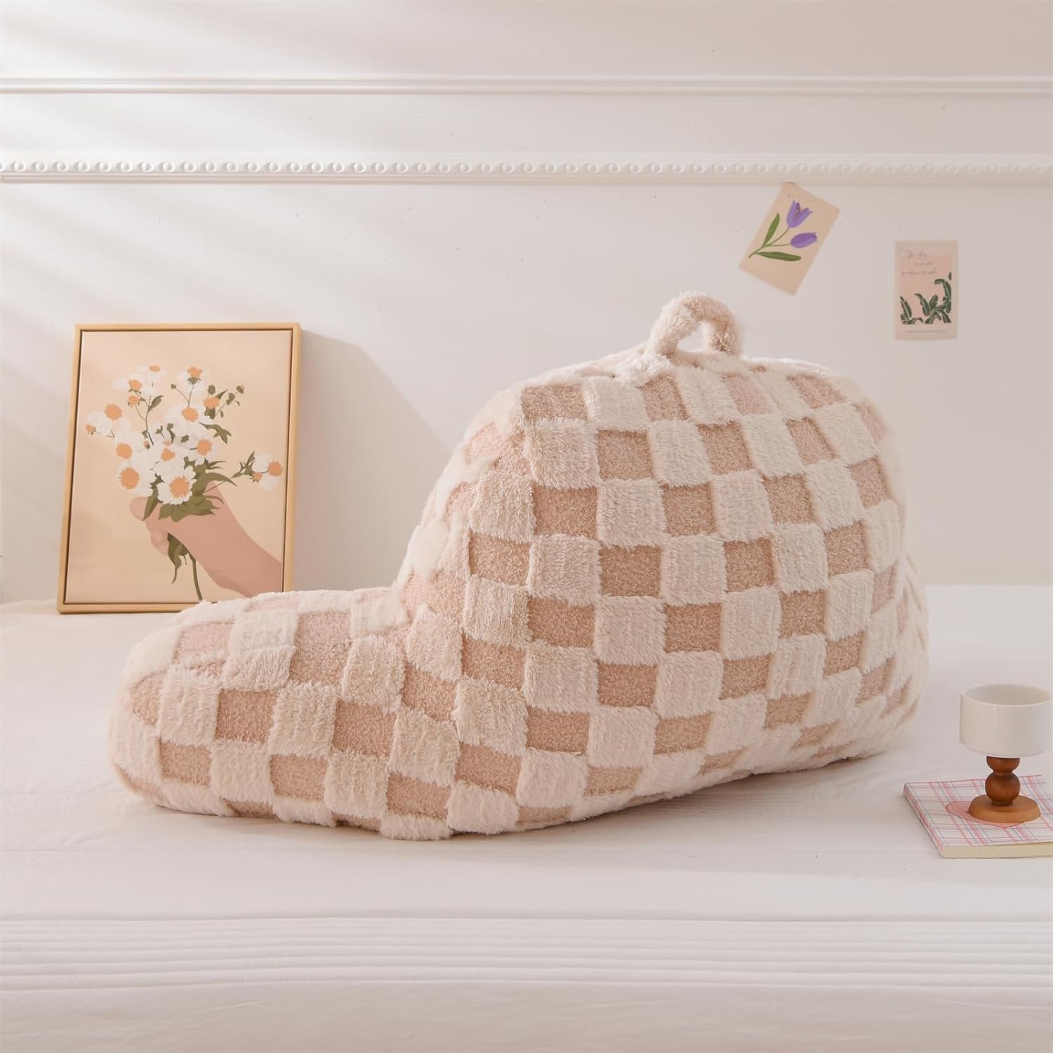 Checkered Reading Pillow Bed Rest Wedge Backrest Beige - Image 2