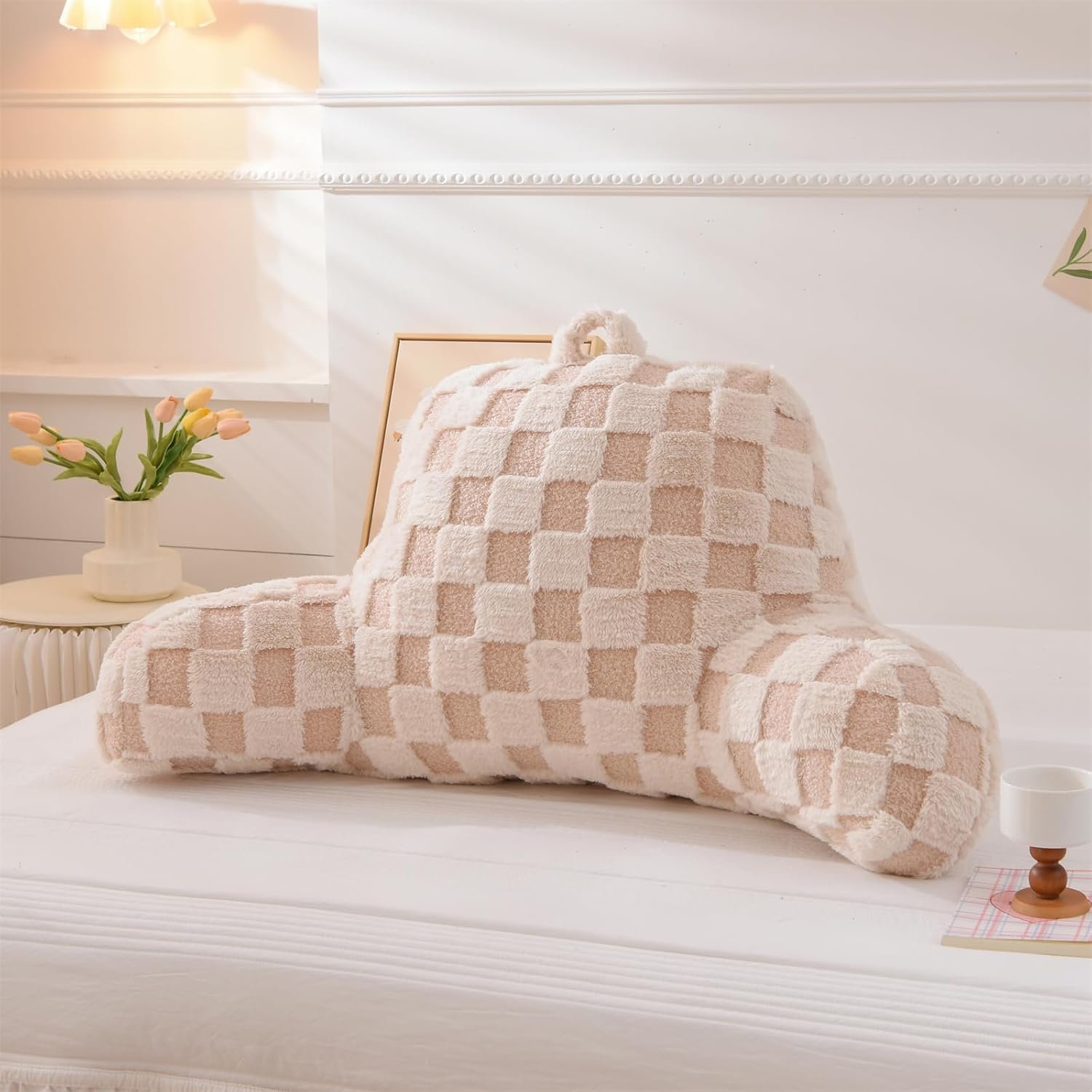 Checkered Reading Pillow Bed Rest Wedge Backrest Beige