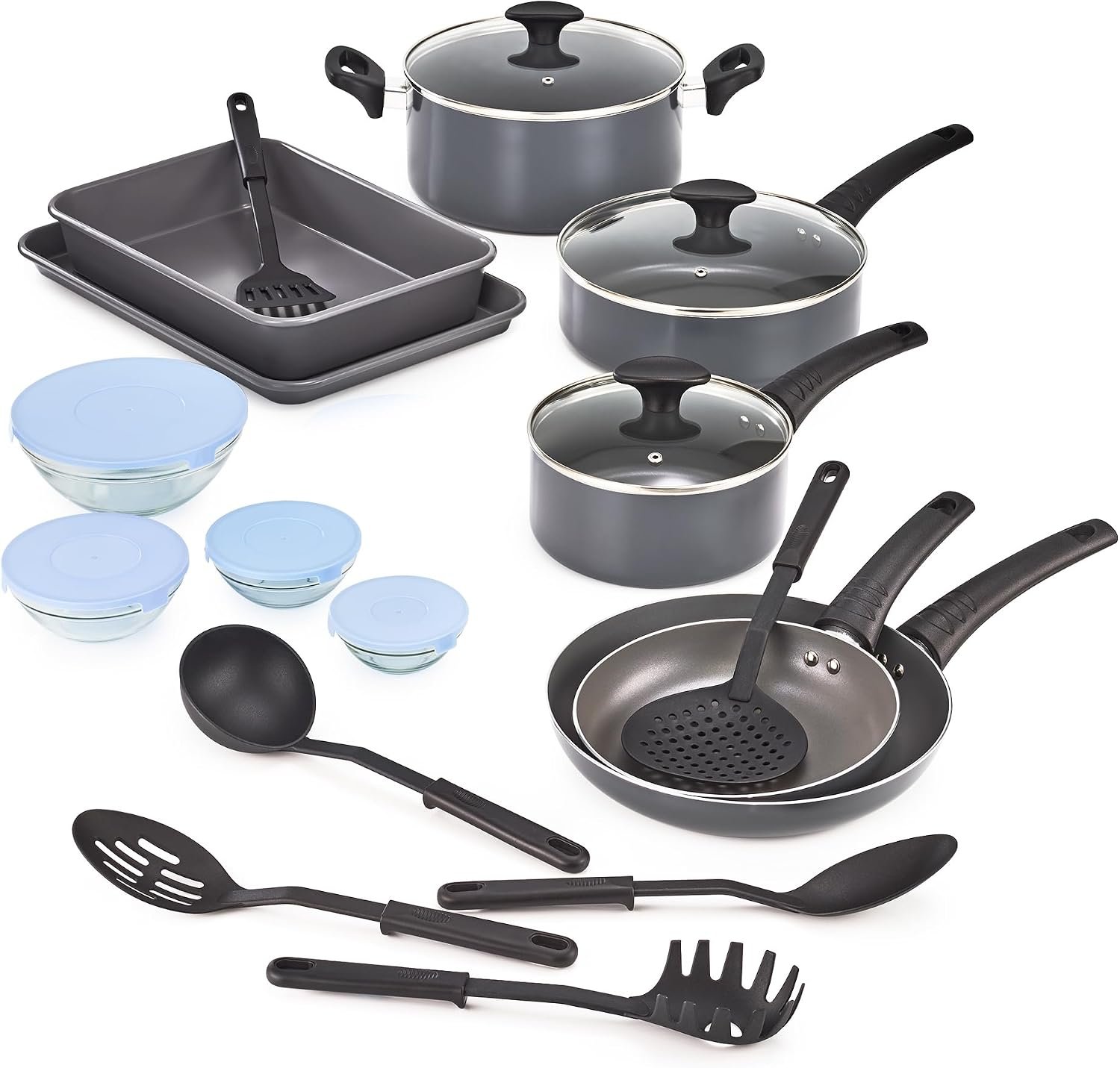 21-Piece Nonstick Cookware Set with Glass Lids Black