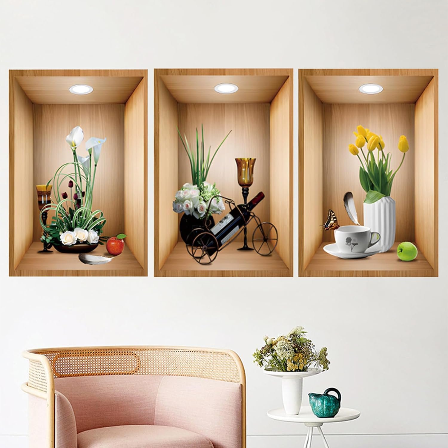 3D Green Pot Plant Wall Decals White Flower Vase Stickers - Image 2