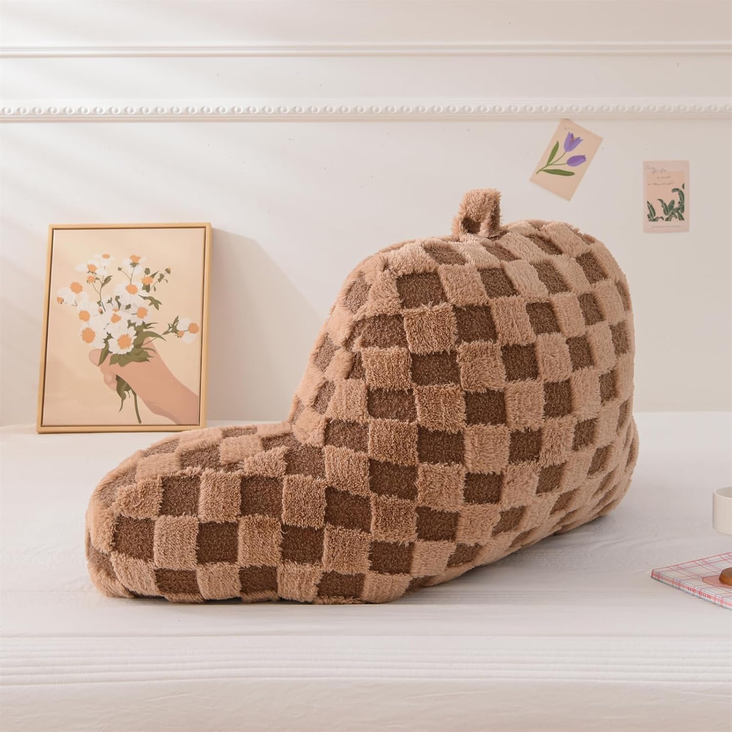 Checkered Reading Pillow Bed Rest Wedge Backrest Khaki - Image 2