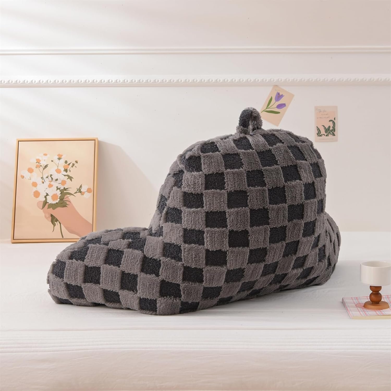 Checkered Reading Pillow Bed Rest Wedge Backrest Dark Grey - Image 2