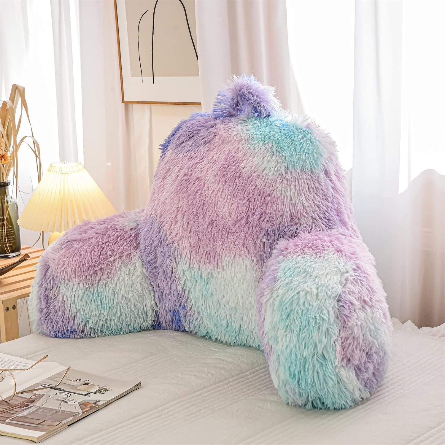 Faux Fur Reading Pillow Bed Wedge Backrest with Arms BluePurple