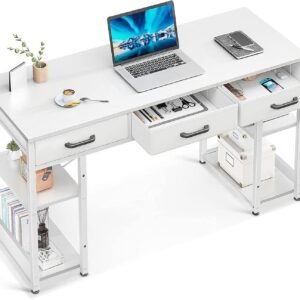 48-Inch White Office Small Computer Desk with Fabric Drawers