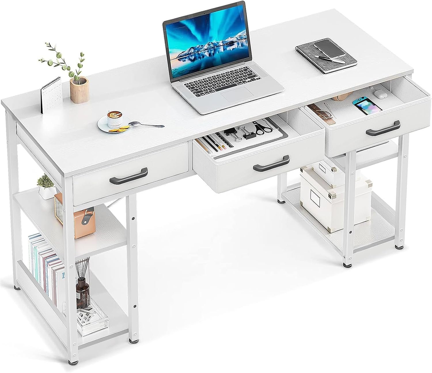 48-Inch White Office Small Computer Desk with Fabric Drawers