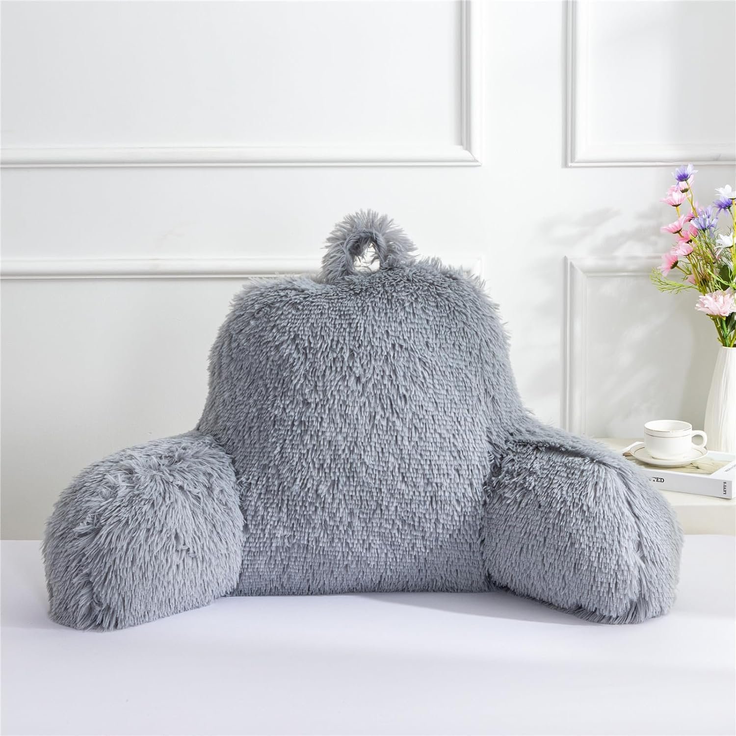Faux Fur Reading Pillow Bed Wedge Backrest Light Grey