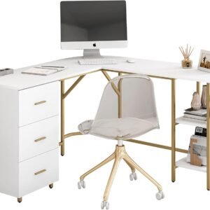 Two-Toned L-Shaped Desk with Drawers and Storage Shelves