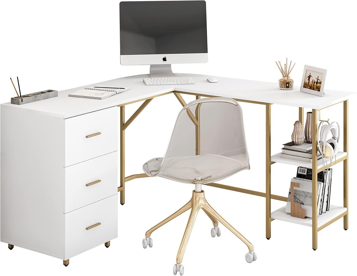 Two-Toned L-Shaped Desk with Drawers and Storage Shelves