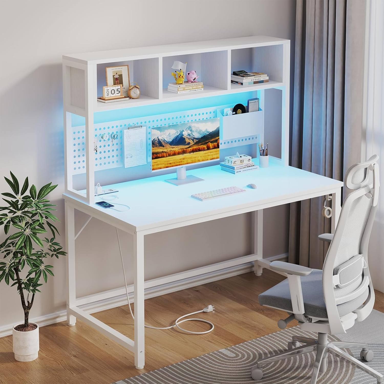 47-Inch White Computer Desk with Hutch and Pegboard - Image 2