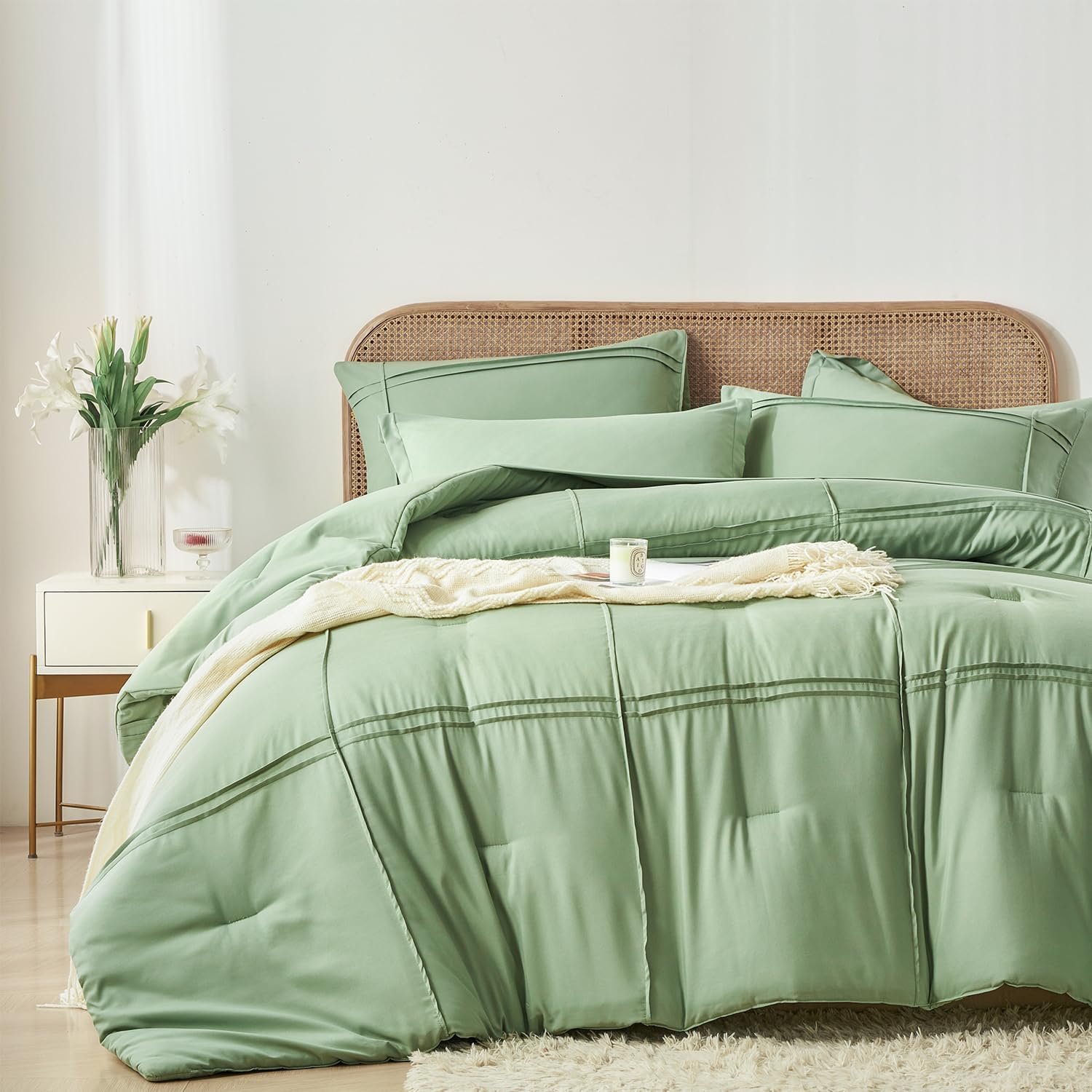 7-Piece Grid Pinch Pleat Sage Green Comforter Set - Image 2