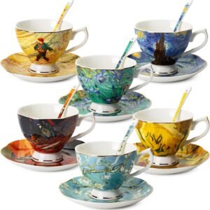 6-Piece Porcelain Tea Cups and Saucers with Spoons