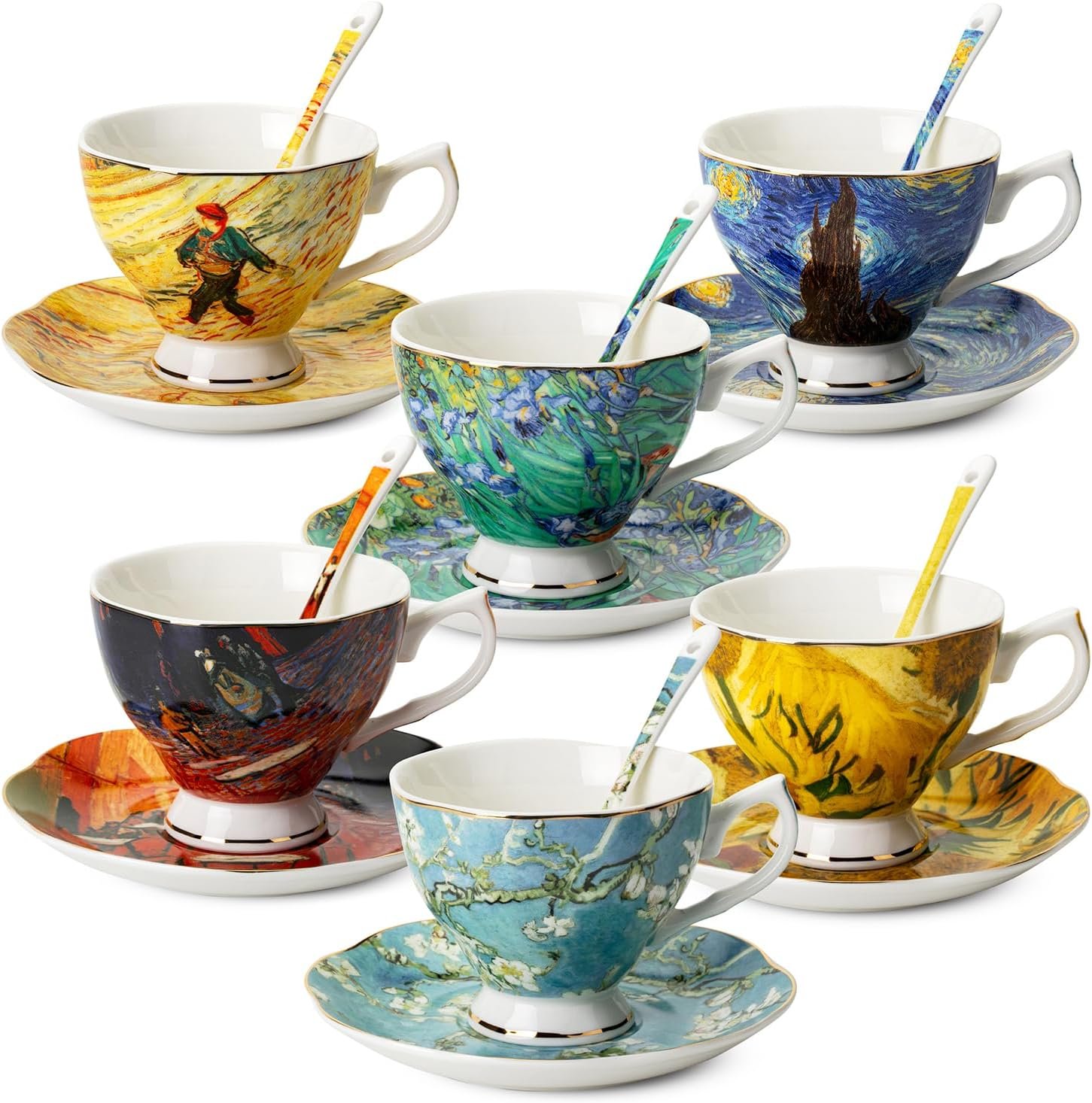 6-Piece Porcelain Tea Cups and Saucers with Spoons