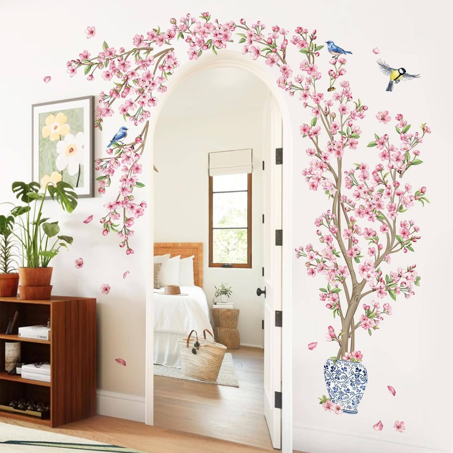 Pink Cherry Blossom Tree Wall Decals Floral Branch Birds - Image 2