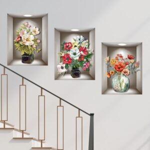 3D Vase Wall Stickers 3-Piece Vintage Flower Art Decals