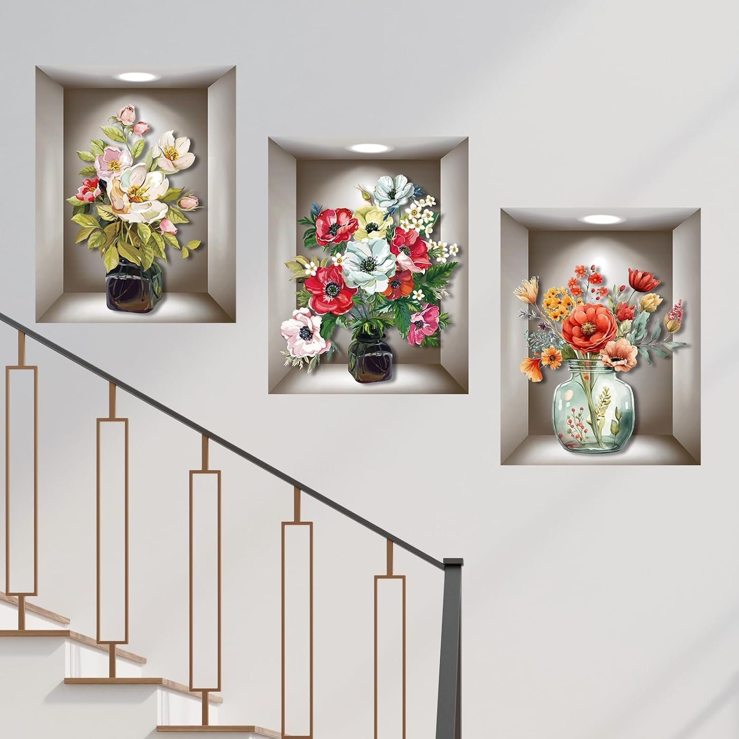3D Vase Wall Stickers 3-Piece Vintage Flower Art Decals