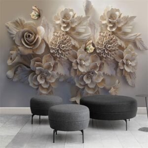 3D Rose Flower Relief Wall Mural Butterfly Nordic Art
