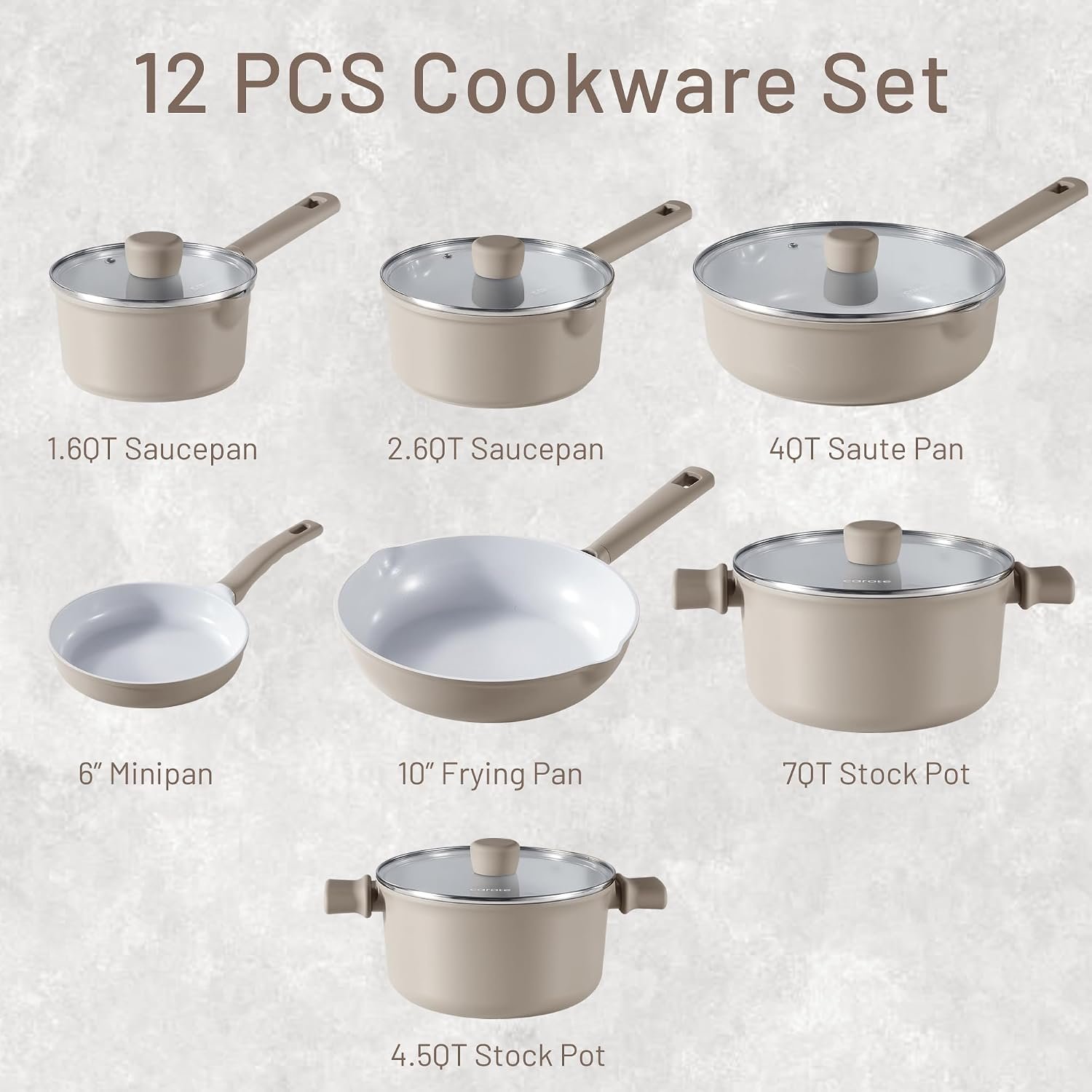 12-Piece Healthy Ceramic Nonstick Cookware Set Taupe - Image 2