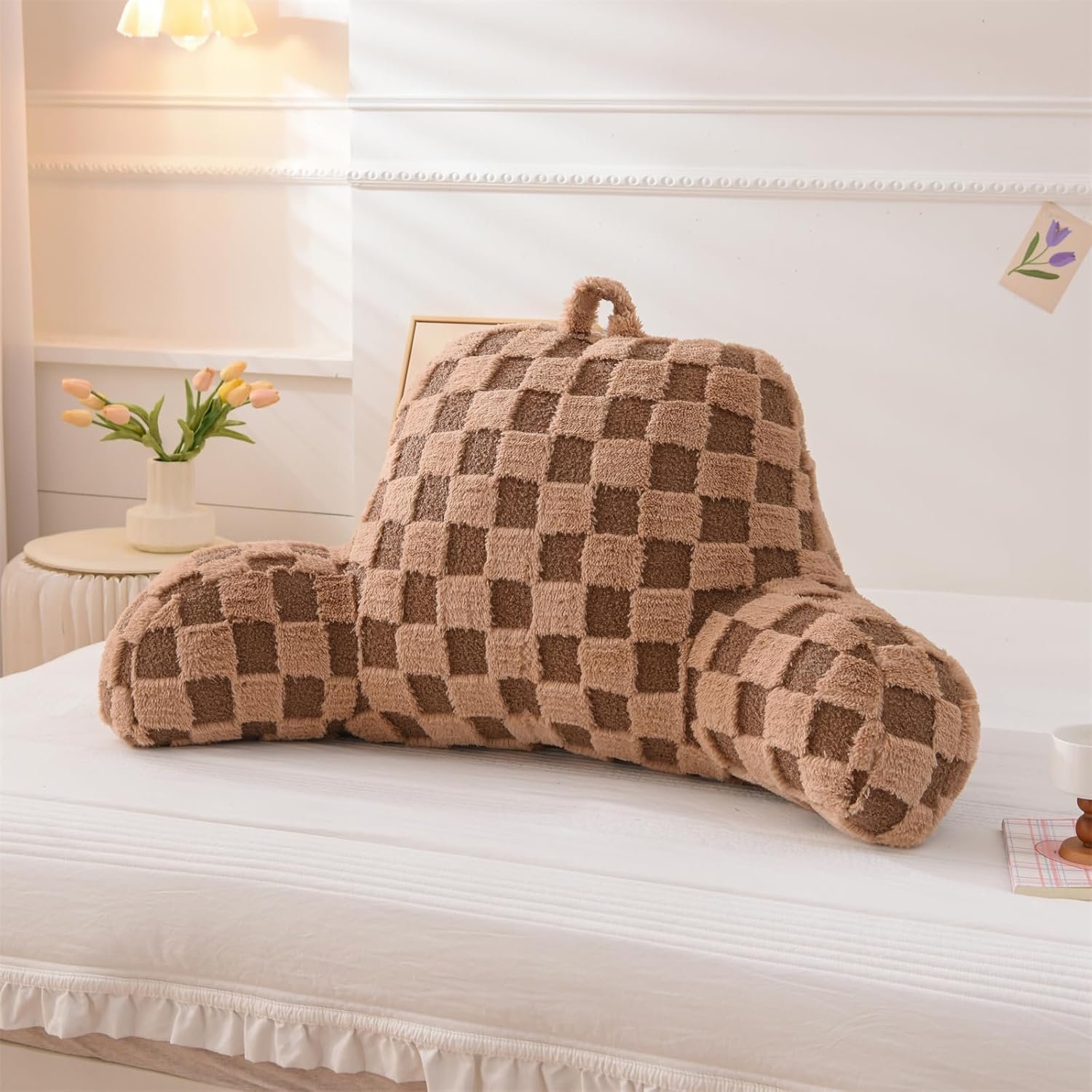 Checkered Reading Pillow Bed Rest Wedge Backrest Khaki
