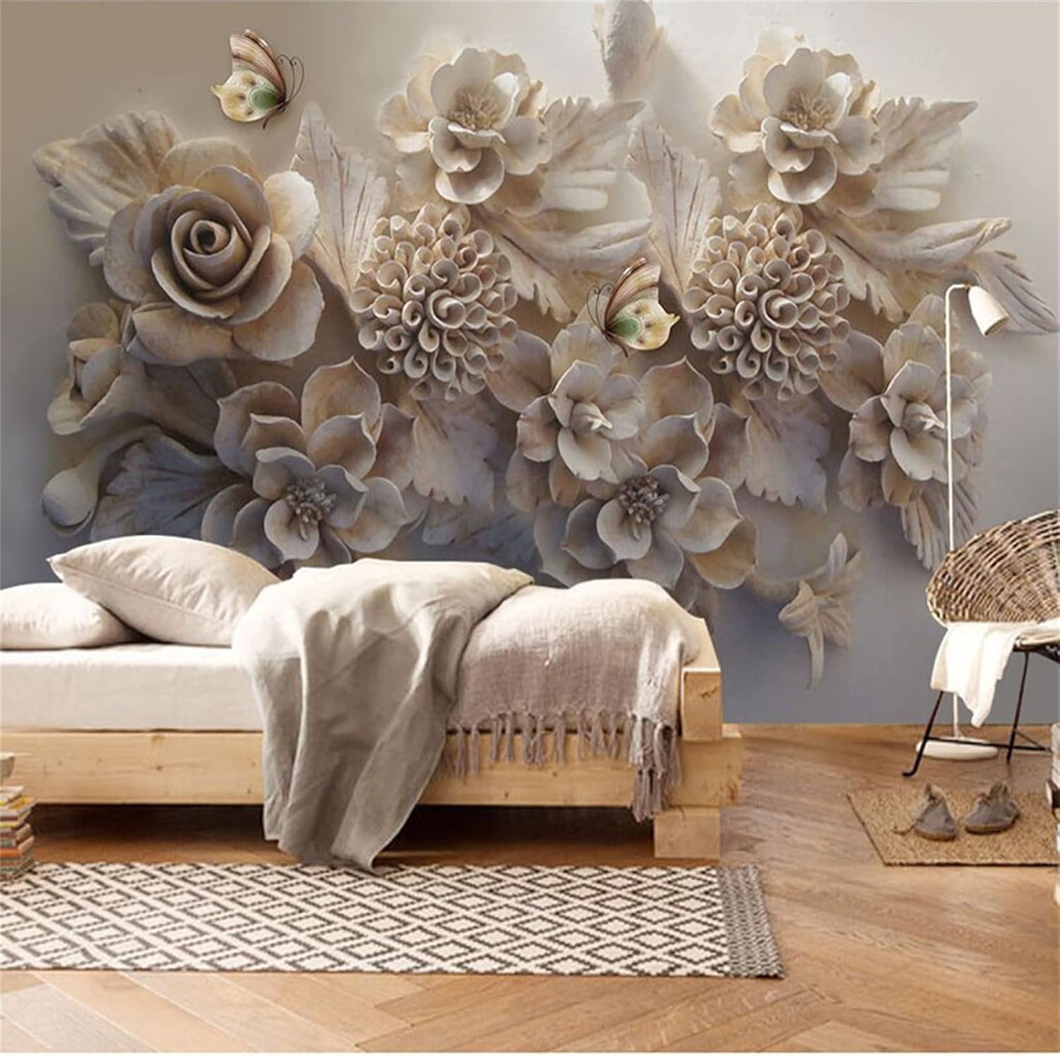 3D Rose Flower Relief Wall Mural Butterfly Nordic Art - Image 2