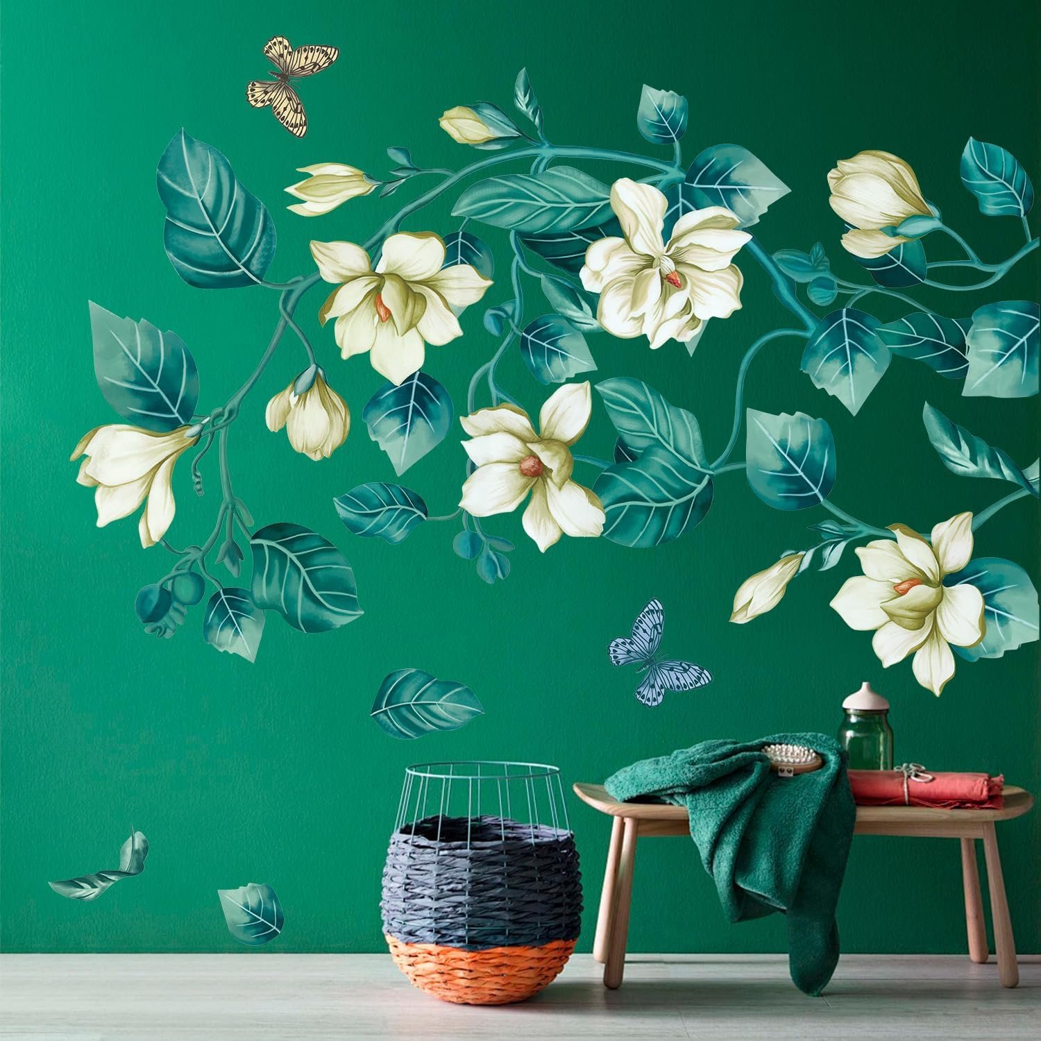 Removable DIY 3D Blue Flower Vine White Leaf Wall Sticker