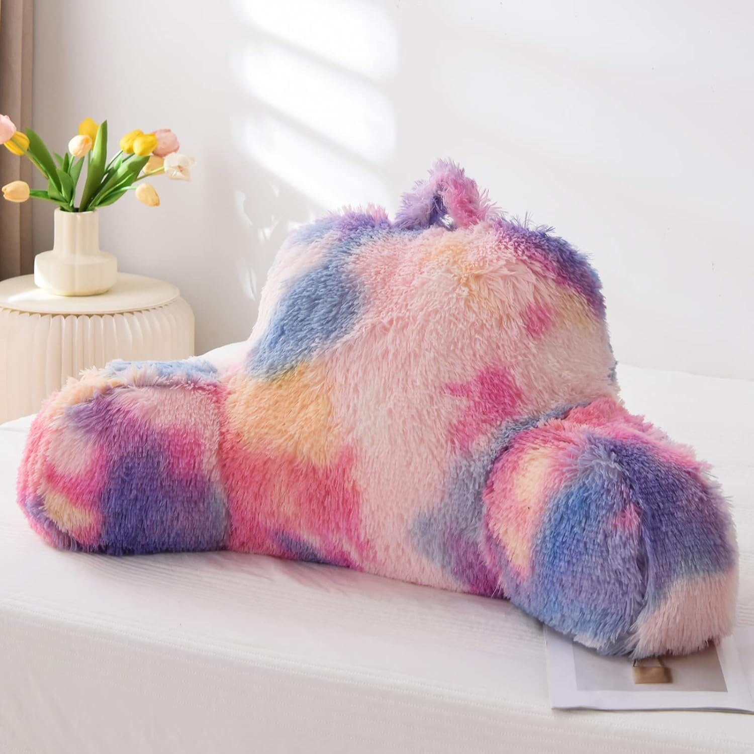 Faux Fur Reading Pillow Bed Wedge Backrest with Arms PinkPurple