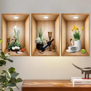3D Green Pot Plant Wall Decals White Flower Vase Stickers