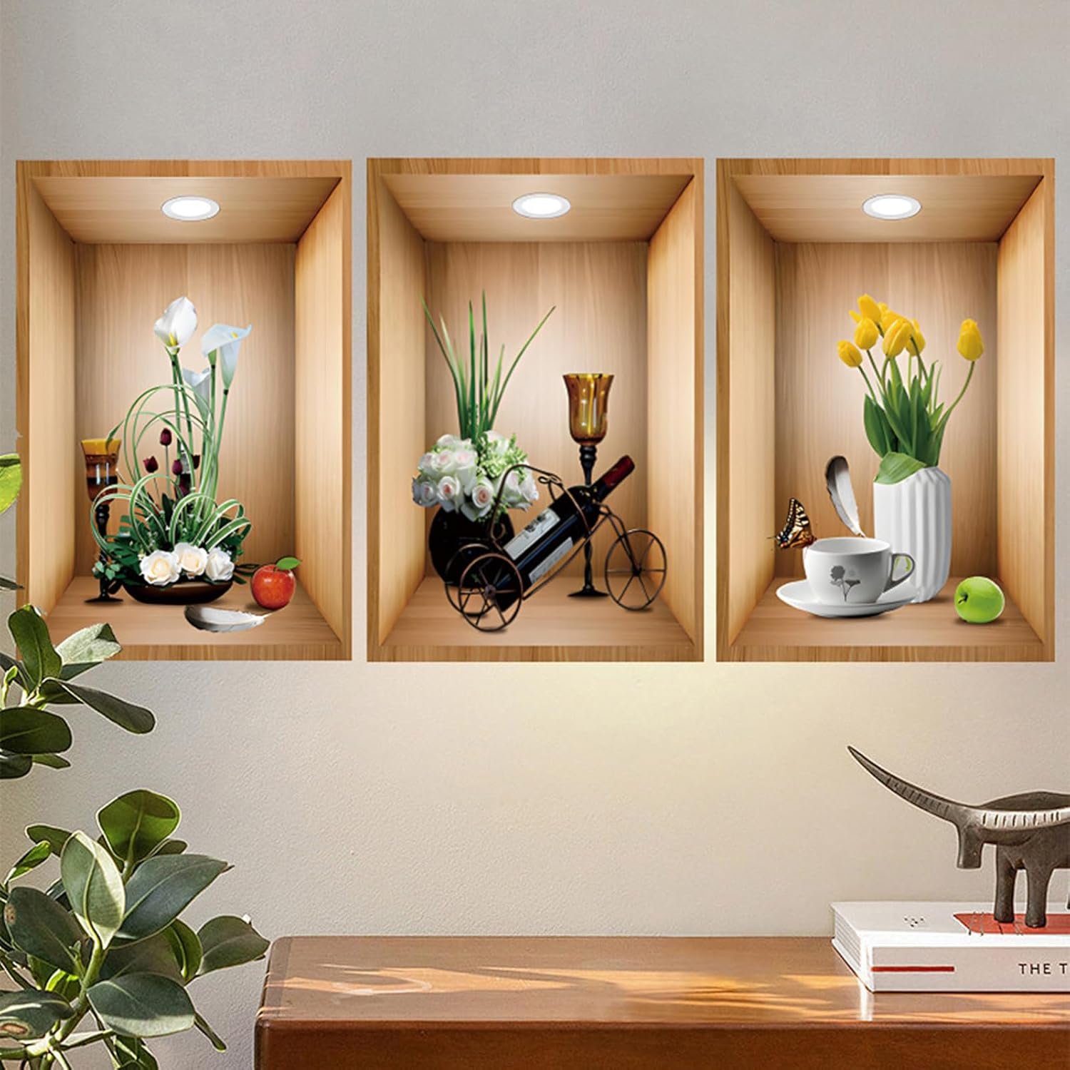 3D Green Pot Plant Wall Decals White Flower Vase Stickers