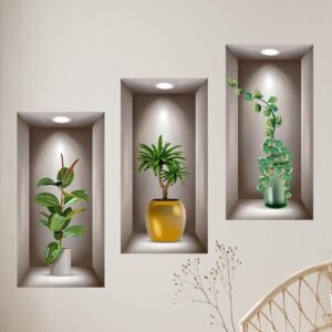 3D Potted Plant Wall Stickers Set of 3 Green Leaves Peel and Stick