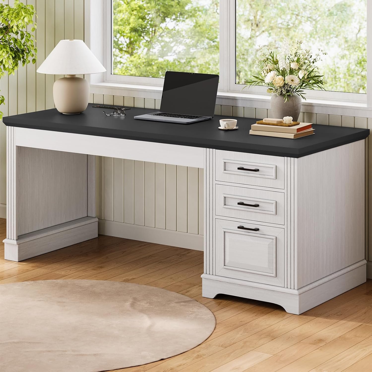 55-Inch Farmhouse Executive Desk with Storage Drawers White