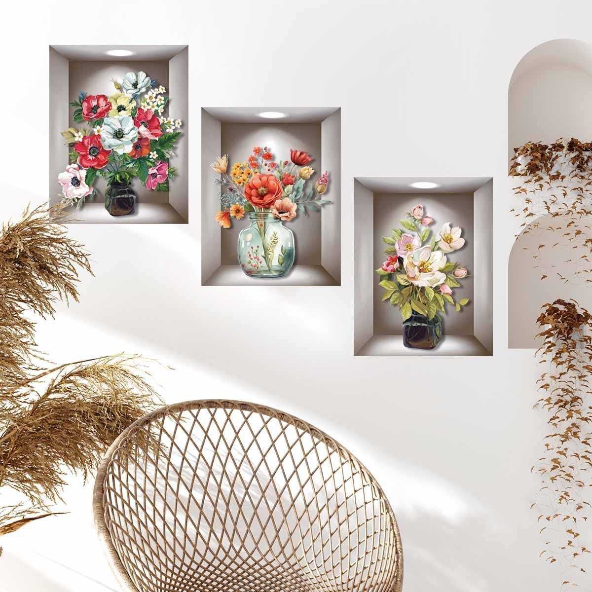 3D Vase Wall Stickers 3-Piece Vintage Flower Art Decals - Image 2