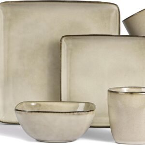16-Piece Square Stoneware Dinnerware Set Beige